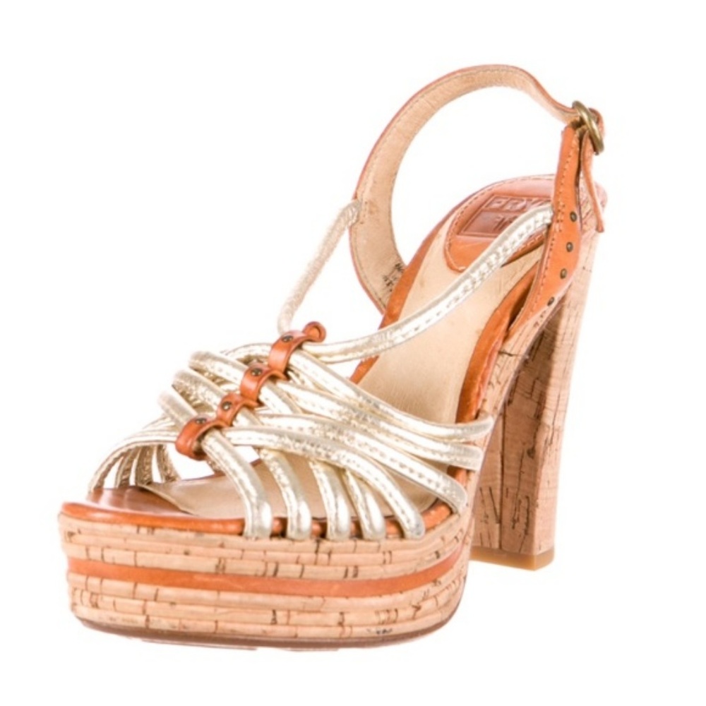 Beautiful Frye Metallic Strapped Cork Heel Sandals